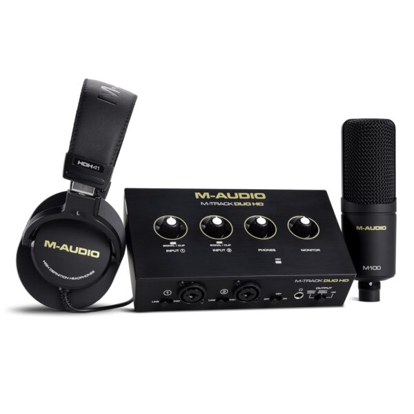 M-AUDIO Interfaz de audio M-Track Duo HD, micrófono de condensador M100 y auriculares de monitoreo de estudio HDH41 para