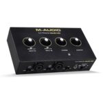 M-AUDIO Interfaz de audio M-Track Duo HD, micrófono de condensador M100 y auriculares de monitoreo de estudio HDH41 para