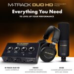 M-AUDIO Interfaz de audio M-Track Duo HD, micrófono de condensador M100 y auriculares de monitoreo de estudio HDH41 para