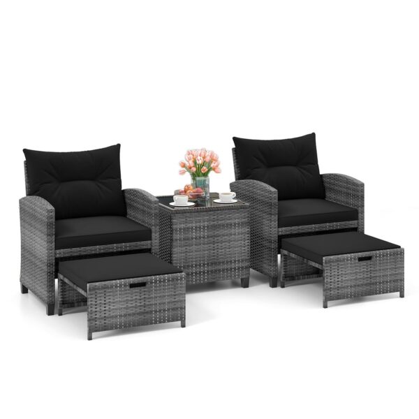 Juego de Muebles de Patio HAPPYGRILL PatioSetU2 5 Piezas Ratán PE con Cojines Otomanas y Mesa de Vidrio Templado Mezcla