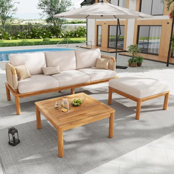 Juego de Muebles de Patio Christopher Knight Home Coby 328936 Madera de Acacia 3 Piezas Teca Beige