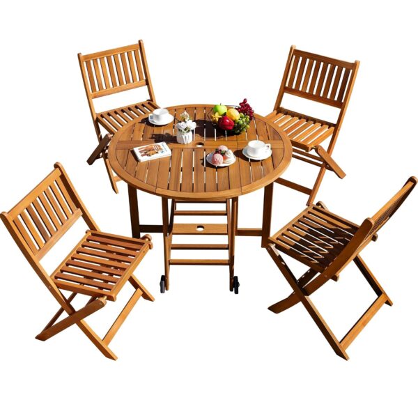 Juego de Comedor de Patio Greesum GS-LCW0326L8 5 Piezas Madera de Acacia Mesa Redonda Plegable 39.4 Pulgadas Marrón Clar