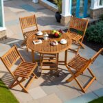 Juego de Comedor de Patio Greesum GS-LCW0326L8 5 Piezas Madera de Acacia Mesa Redonda Plegable 39.4 Pulgadas Marrón Clar