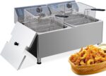 Freidora eléctrica de acero inoxidable 304 de grado comercial de 23.2QT/22L de 3400 W con 2 cestas extra gruesas, tapa p