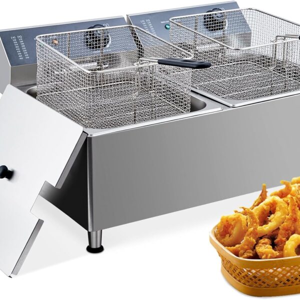 Freidora eléctrica de acero inoxidable 304 de grado comercial de 23.2QT/22L de 3400 W con 2 cestas extra gruesas, tapa p