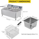 Freidora eléctrica de acero inoxidable 304 de grado comercial de 23.2QT/22L de 3400 W con 2 cestas extra gruesas, tapa p
