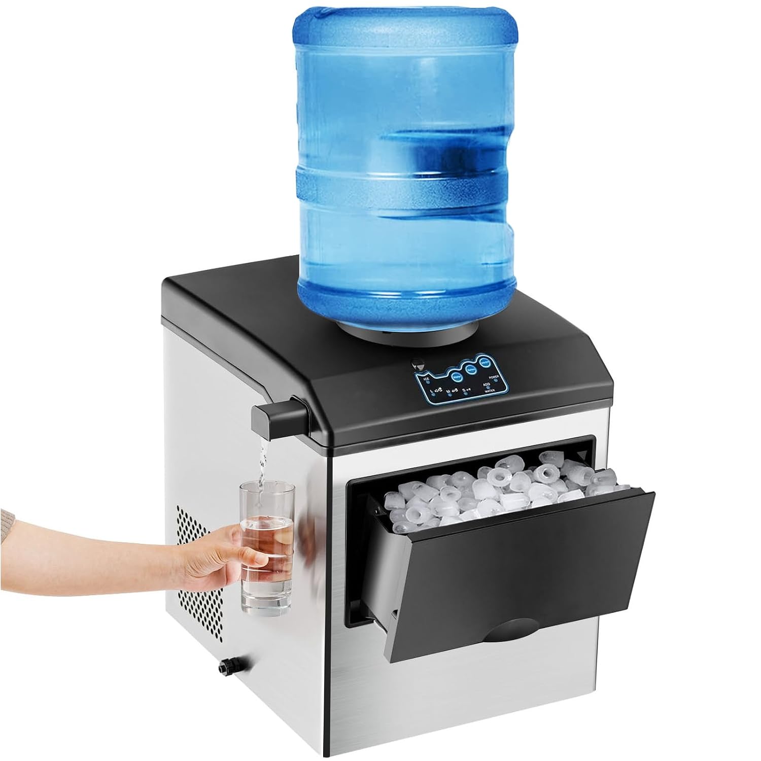 CHEFJOY Máquina de hielo para encimera 2 en 1 con dispensador de agua, 48 libras por día, 3 tamaños de hielo de bala, fa