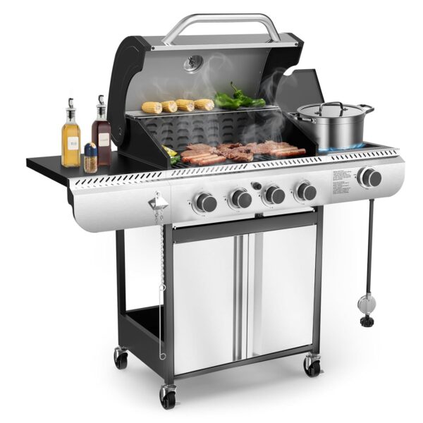 Parrilla de Gas Electactic JD-4A 4 Quemadores con Quemador Lateral Acero Inoxidable 42000 BTU
