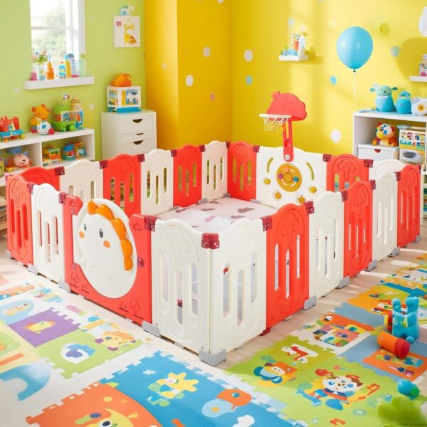 FAHKNS Corralito para bebés de 18 paneles, plegable sin costuras ajustable con alfombra, equipado con cerradura de puert