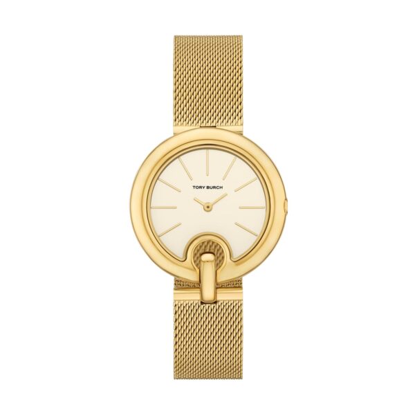 Reloj Tory Burch TBW7073 Perforado Correa de Malla de Acero Inoxidable Dorado Caja Redonda 36mm Esfera Color Crema