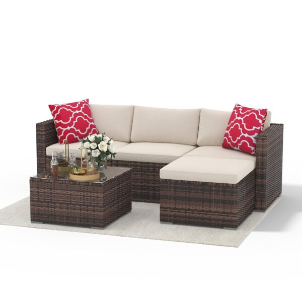 Juego de Muebles de Patio GAOMON 5 Piezas Forma de L Teca Marrón y Beige con Mesa de Vidrio