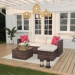 Juego de Muebles de Patio GAOMON 5 Piezas Forma de L Teca Marrón y Beige con Mesa de Vidrio