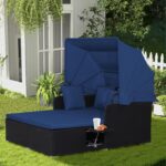 Sofá Cama para Exteriores COSTWAY Outdoor Daybed con Toldo Retráctil Ratán PE Azul Marino Capacidad 800 Libras