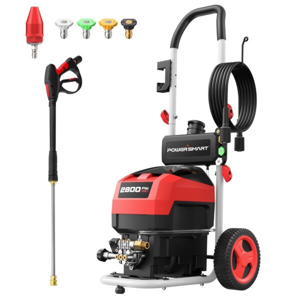 Hidrolavadora Eléctrica PowerSmart DW1028A 2800 PSI 2.0 GPM Ruedas de 8 Pulgadas 5 Boquillas Tanque de Espuma 1.5 Litros