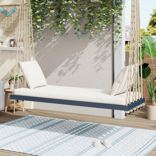 Silla Columpio Merax XY01001 de Madera de Acacia para 2 Plazas Color Gris con Cojín y Almohadas Capacidad 400 Libras
