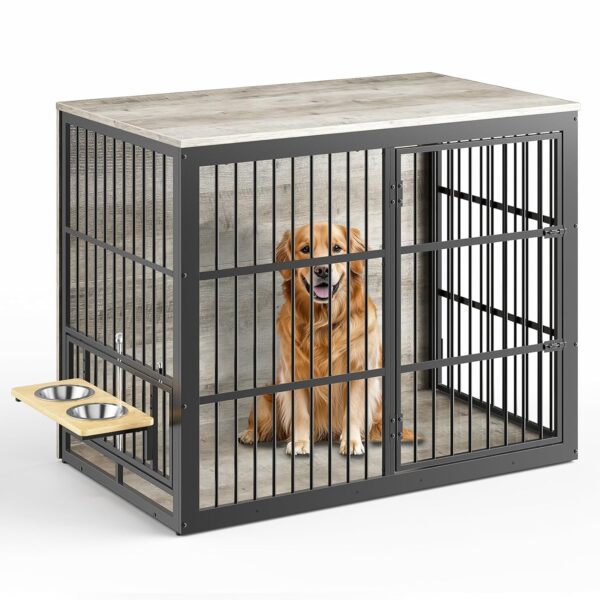 Jaula para Perros Lyromix Mueble de 48 Pulgadas Gris con Comedero Giratorio y Dos Puertas
