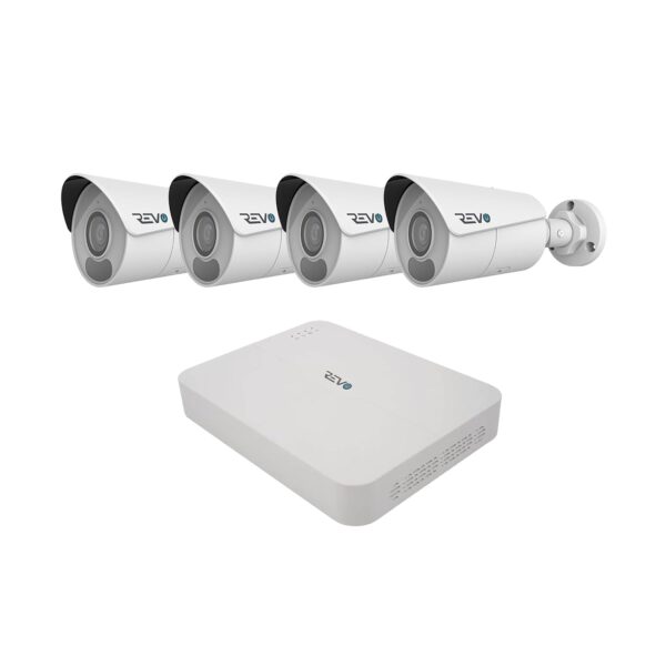 Revo Ultra Blue Series 4CH 4K POE H.265 NVR, 1TB y 4X 4K (8MP) Cámaras IR para interiores y exteriores con micrófono inc