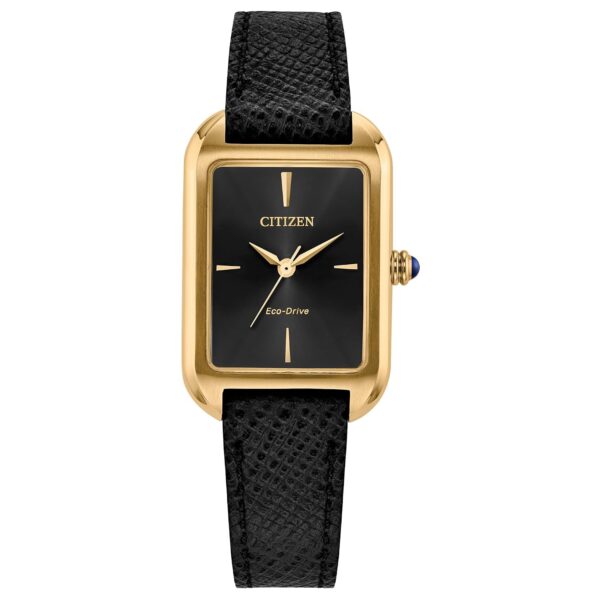 Reloj Citizen Eco-Drive Dress Classic EM1192-01E para Dama Caja Acero Inoxidable Tono Dorado Correa de Cuero Negro Esfer