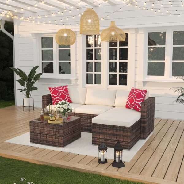 Juego de Muebles de Patio Garvee GHB ldvSmg0KaKJN0gbrOJMP8QROjhJ35 5 Piezas Ratán Mesa de Vidrio Templado Marrón y Beige