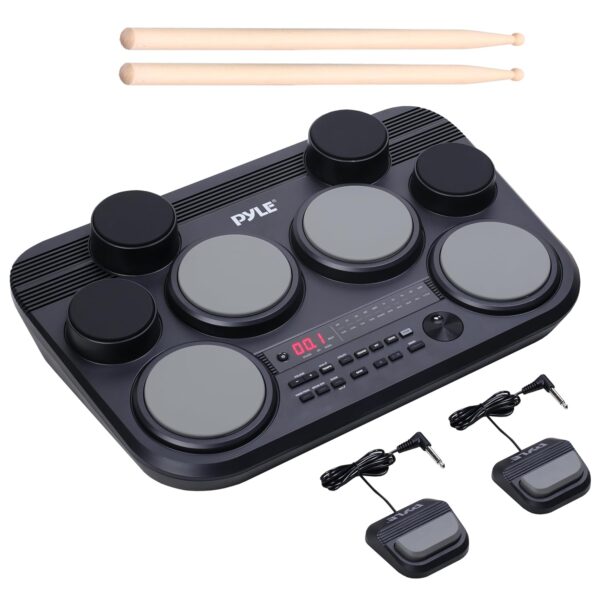 Pyle Juego de batería electrónica – 8 almohadillas sensibles al tacto, 80 kits, 110 canciones, USB/MIDI, salida de auric