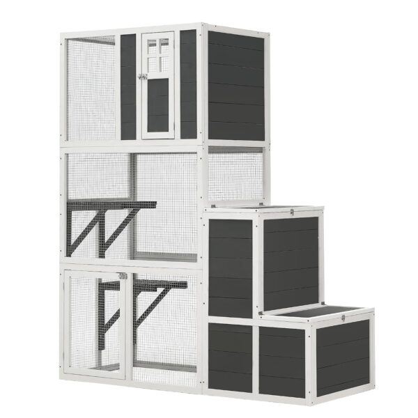 Casa de Madera para Gatos GDFStudio 337279 3 Niveles Gris con 4 Plataformas Caja de Salto y 2 Puertas 70.9 Pulgadas de A