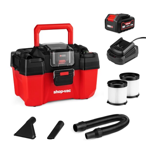 Shop-Vac Aspiradora inalámbrica húmeda/seca de 20 V, tanque de 2.5 galones, manguera de 5 pies, batería de 4.0 A y carga