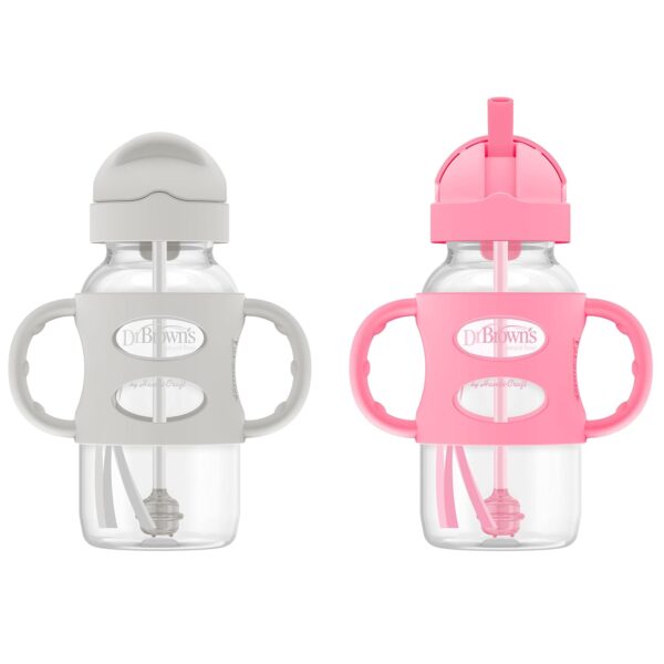 Botella con Popote Dr. Brown's Milestones WB92023-WEB Cuello Ancho 9 Onzas Gris y Rosa 2 Unidades Paquete de 6