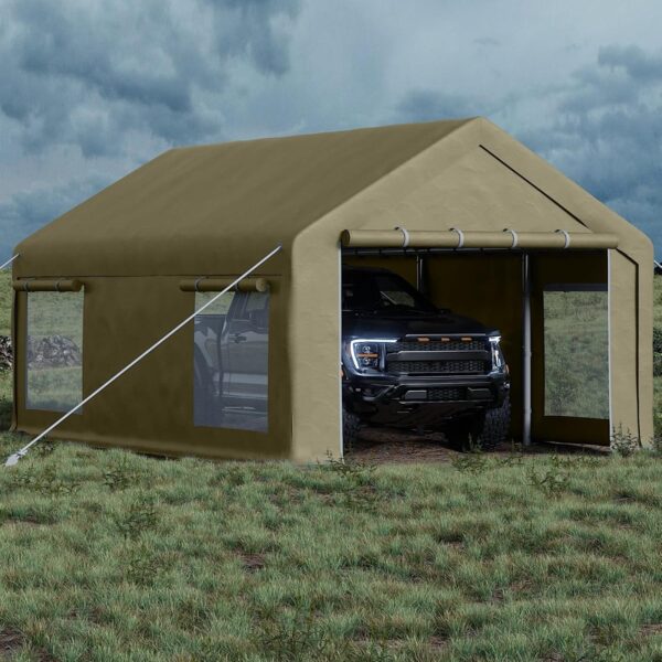 Cochera GarveeLife 13x20 Pies Lona Polietileno 7.8 Onzas Caqui con 2 Puertas Enrollables y 4 Ventanas