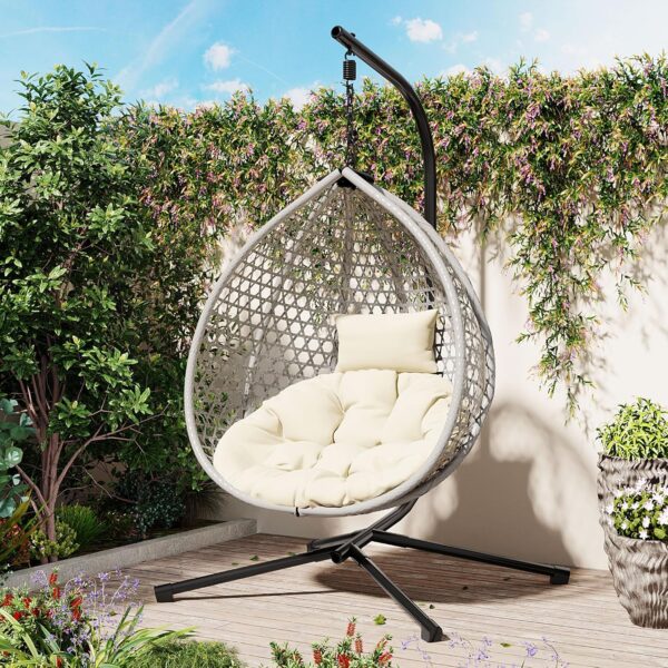 Silla Colgante de Huevo Merax SY4527 con Base de Hierro Ratán de Polietileno Gris y Beige