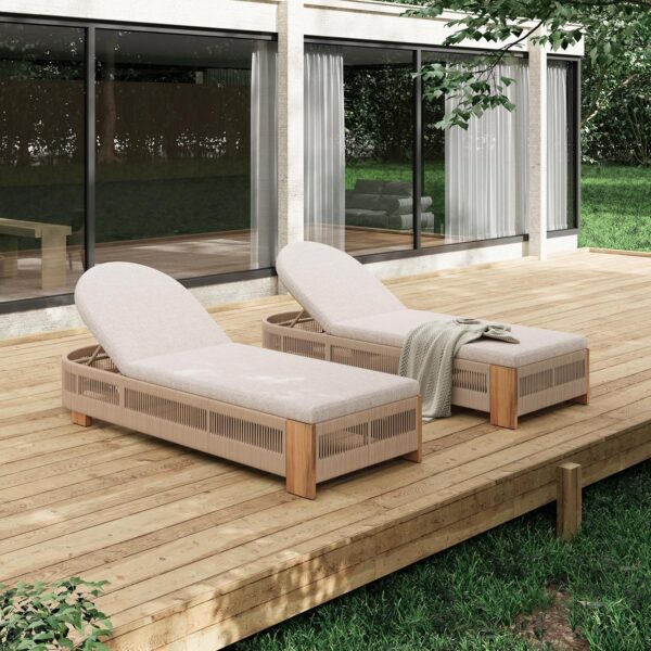 Tumbona para Exteriores Merax 2 Piezas Madera de Acacia Respaldo Ajustable Cojín Impermeable Beige