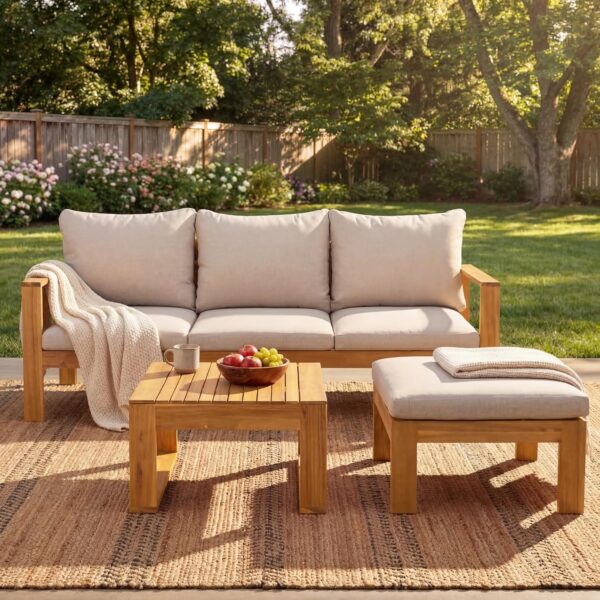 Juego de Muebles para Patio Christopher Knight Home Kayahs 328150R 3 Piezas Madera de Acacia Teca y Beige