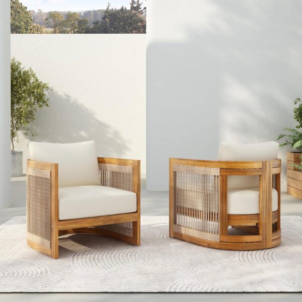 Juego de 2 Sillas de Club de Patio Christopher Knight Home Dora Madera de Acacia Beige Teca con Cojines Resistentes al A