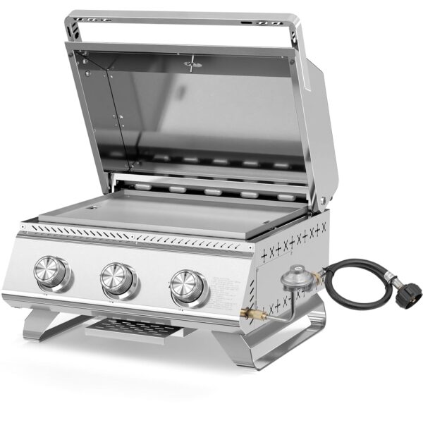 Parrilla de Gas Propano Portátil Electactic TG0130K 3 Quemadores 24000 BTU Acero Inoxidable 2 en 1 Plancha y Parrilla