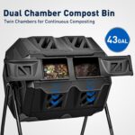 Yesker Contenedor de compostaje de doble cámara para exteriores, compostador giratorio de 43 galones con puertas correde