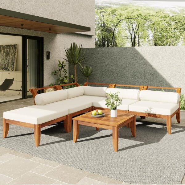 Juego de Muebles de Patio Merax 6 Piezas Sofá Seccional en L Madera de Acacia Color Teca y Beige
