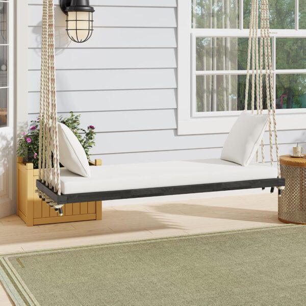 Banco Oscilante YOPTO de Madera de Acacia 63 Pulgadas para 2 Adultos con Cojín y Almohadas Cuerdas de Cáñamo 10.8 Pies C