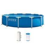 Piscina Intex Marco de Metal 28211EP 12 Pies x 30 Pulgadas Redonda Azul con Bomba de Filtro de Cartucho 530 GPH