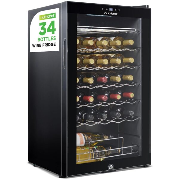 NutriChef Refrigerador de Vino de 34 Botellas - Refrigerador de Bebidas de Zona Única con Temperatura Ajustable 41°F - 6