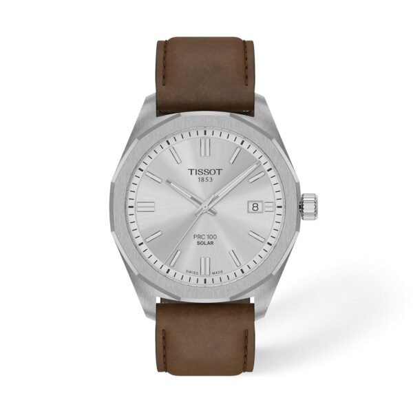 Reloj Tissot PRC 100 Solar T1514221603100 Esfera Plateada Correa de Piel Marrón Caja de Acero Inoxidable 39mm