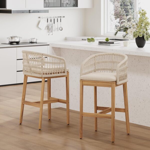 Juego de 2 Taburetes de Bar Christopher Knight Home 338227 Madera de Acacia con Cojín Teca y Beige