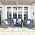 Juego de Muebles de Patio FansaFurn DKX005BL 4 Piezas Sofá Modular de Ratán Color Azul con Mesa de Centro de Cristal Tem