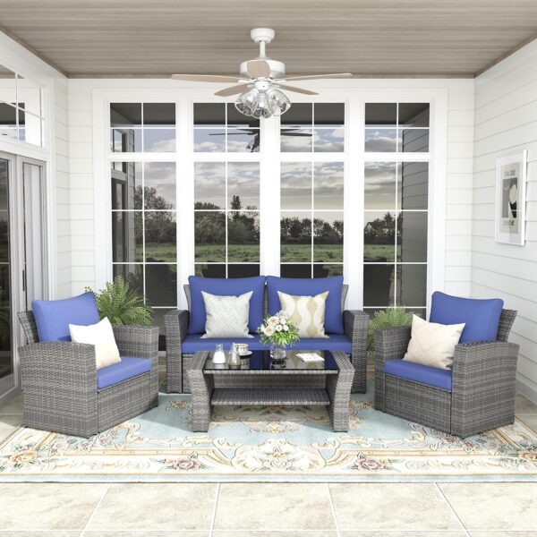 Juego de Muebles de Patio FansaFurn DKX005BL 4 Piezas Sofá Modular de Ratán Color Azul con Mesa de Centro de Cristal Tem