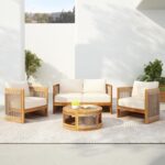 Juego de Muebles de Patio Merax 4 Piezas Madera de Acacia Teca Beige Diseño Curvo con Cuerda Trenzada