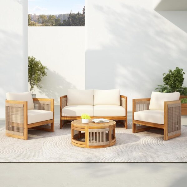 Juego de Muebles de Patio Merax 4 Piezas Madera de Acacia Teca Beige Diseño Curvo con Cuerda Trenzada