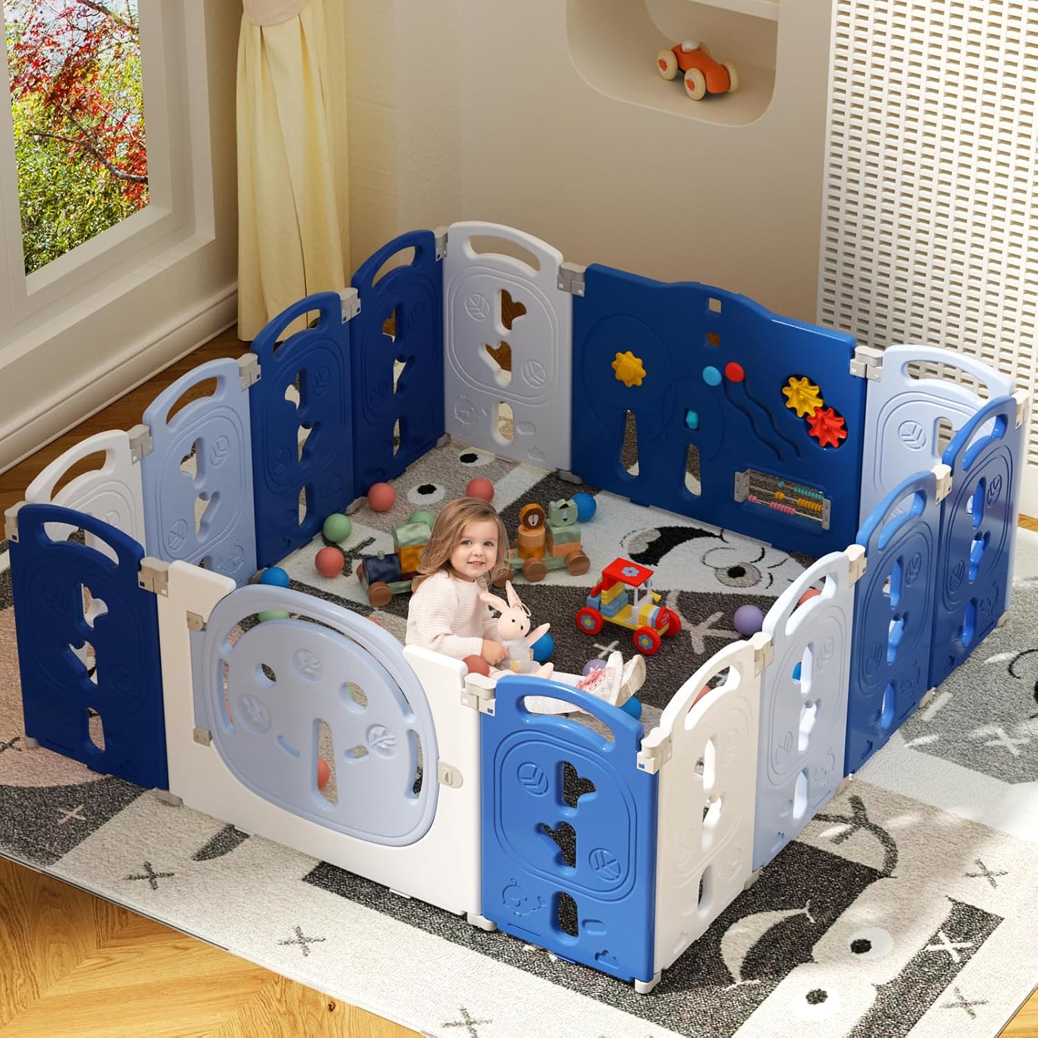 Corralito para bebés HAPPYMATY 14 paneles plegable y portátil azul blanco plástico con cerradura y panel de actividades