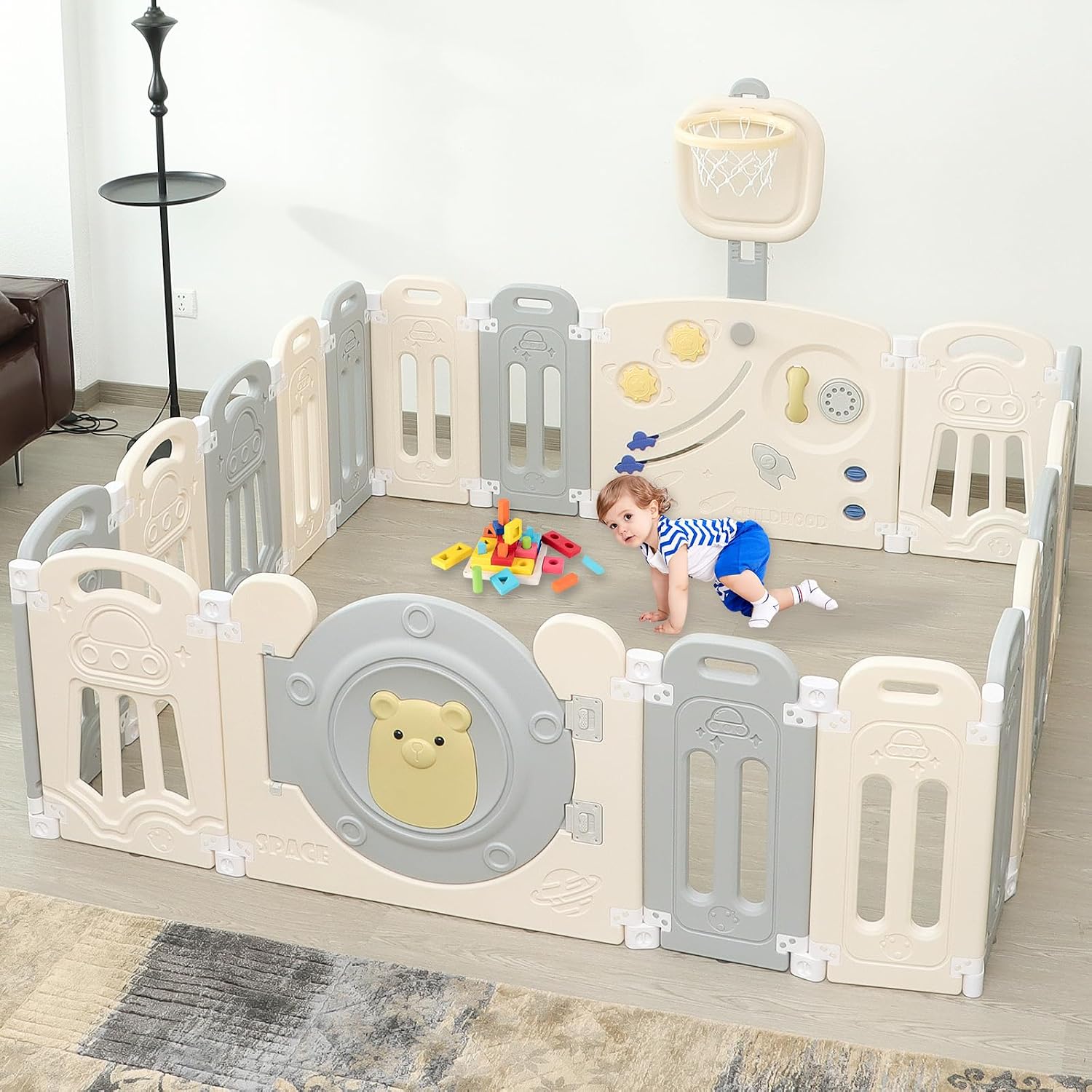 Corralito plegable HAPPYMATY 18 paneles con aro de baloncesto ajustable y panel de juegos color gris y blanco para inter