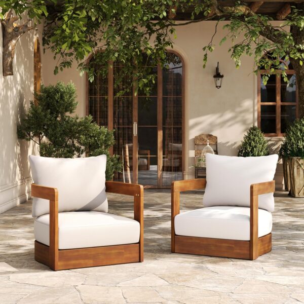 Juego de 2 Sillas para Exterior Christopher Knight Home Chloe Madera de Acacia Diseño de Bañera Curva Cojín Resistente a