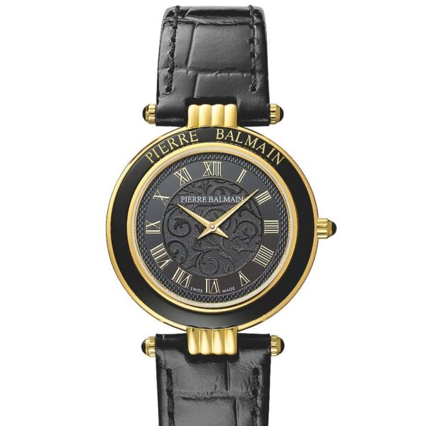 Reloj Balmain Alta Elegancia B81373212 PVD Amarillo Esfera Negra Correa de Cuero Cristal de Zafiro 30mm