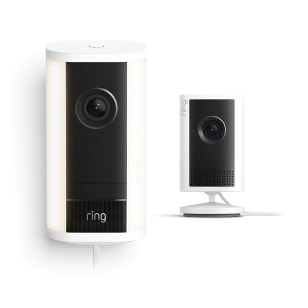 Kit Ring Spotlight Cam Pro Enchufe y Ring Indoor Cam Plus Blanco Video 4K Exteriores y 2K Interiores
