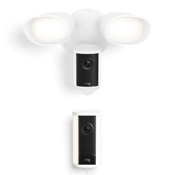 Cámara de Seguridad Ring Spotlight Cam Pro con Enchufe y Floodlight Cam Pro Blanco Video 4K Zoom Digital 10x